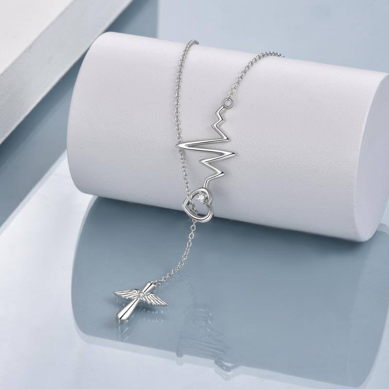 Sterling Silver Cubic Zirconia Cross Electrocardiogram And Heart Adjustable Y Necklace For Women