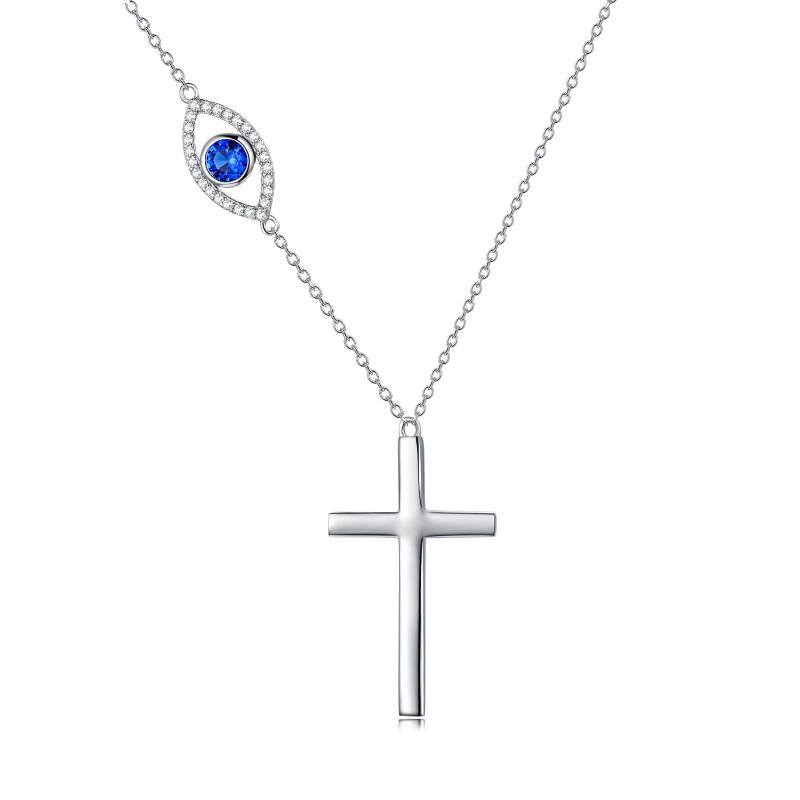 Sterling Silver Circular Shaped Cubic Zirconia Cross & Evil Eye Pendant Necklace