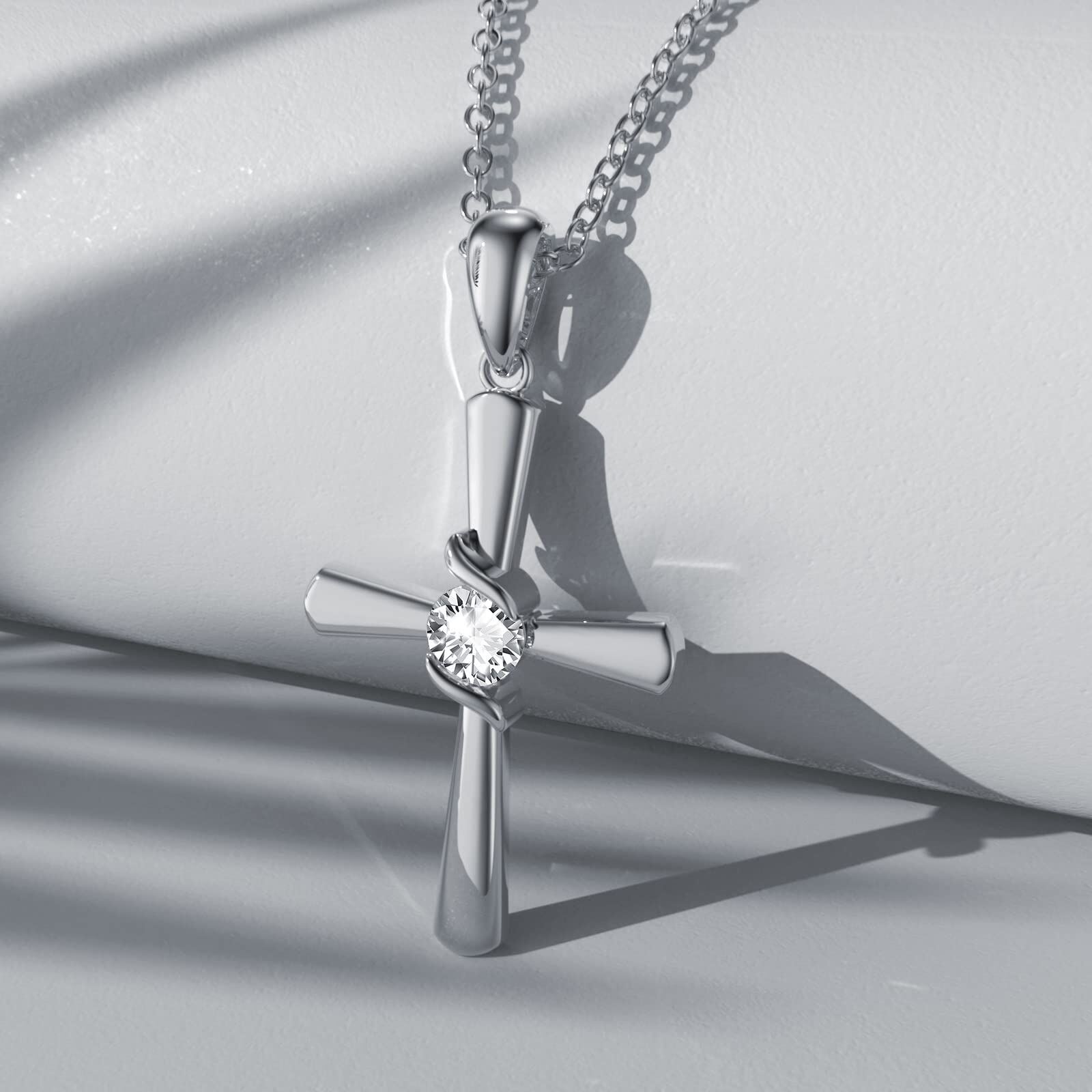 Sterling Silver Circular Shaped Cubic Zirconia Cross Pendant Necklace