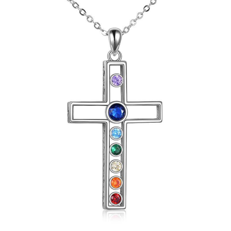 Sterling Silver Circular Shaped Cubic Zirconia Cross Pendant Necklace