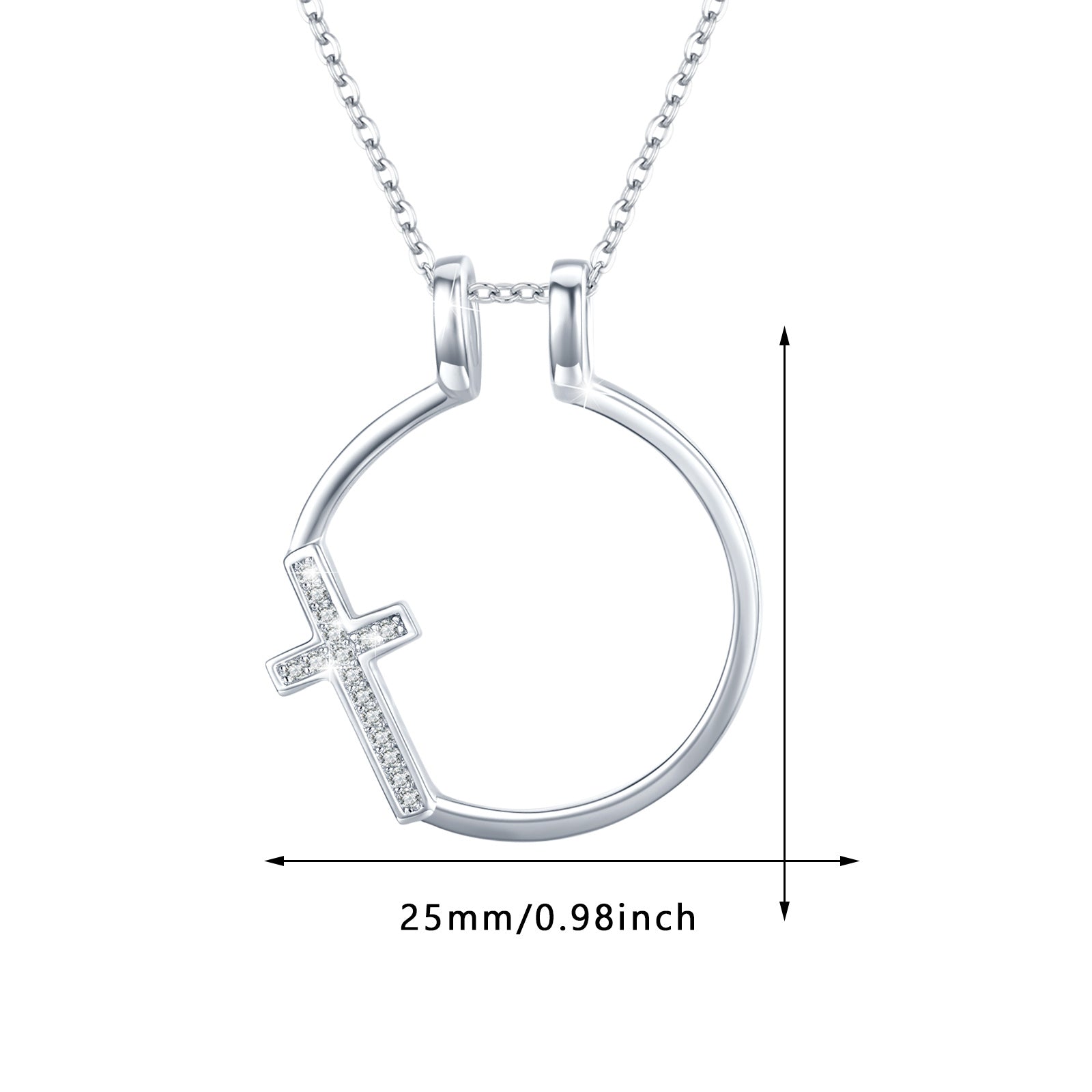 Sterling Silver Circular Shaped Cubic Zirconia Cross & Ring Holder Pendant Necklace
