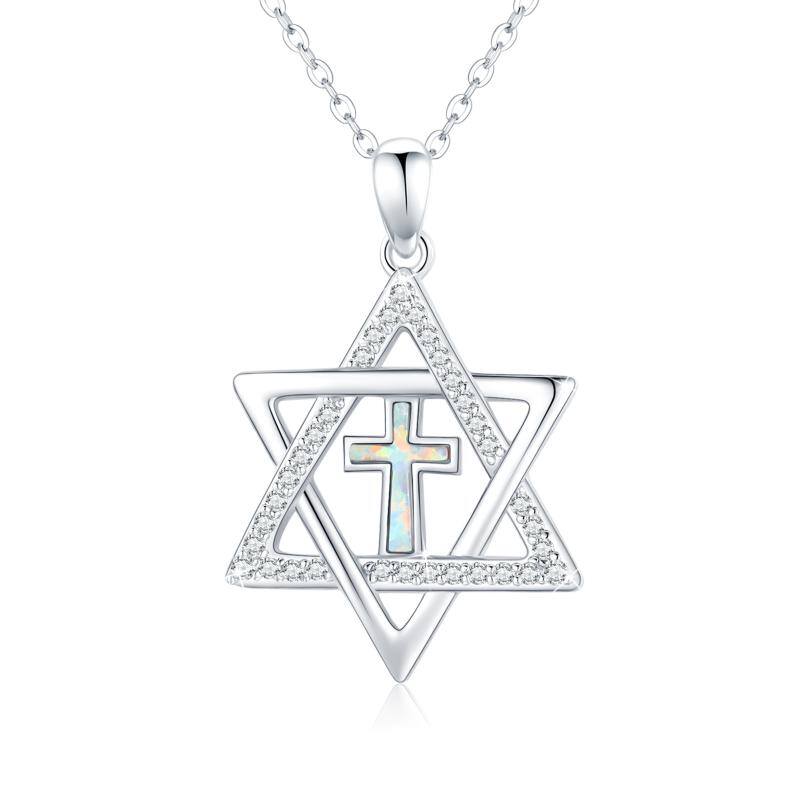 Sterling Silver Circular Shaped Cubic Zirconia Cross & Star Of David Pendant Necklace