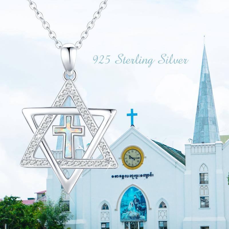 Sterling Silver Circular Shaped Cubic Zirconia Cross & Star Of David Pendant Necklace