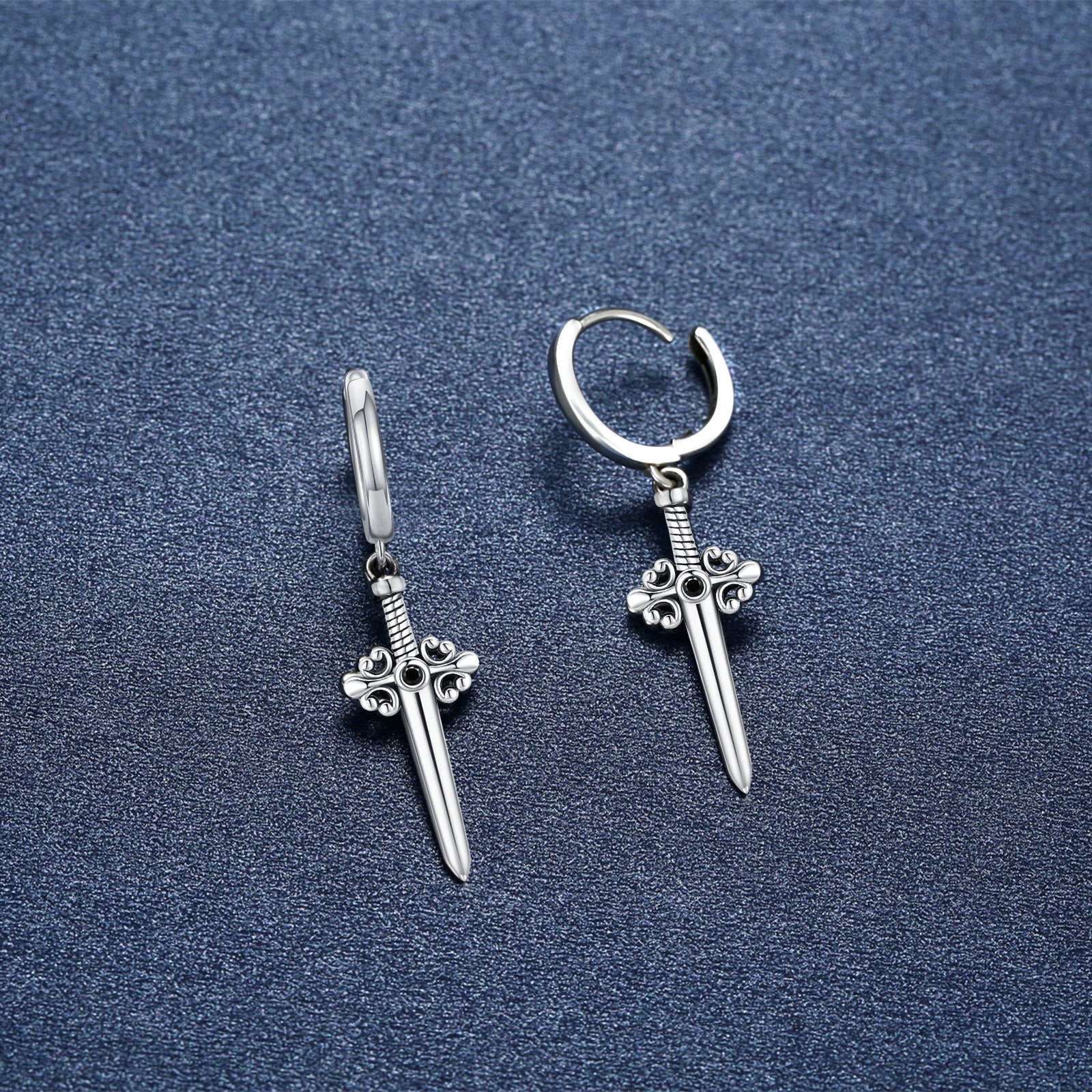 Sterling Silver Circular Shaped Cubic Zirconia Cross & Sword Drop Earrings