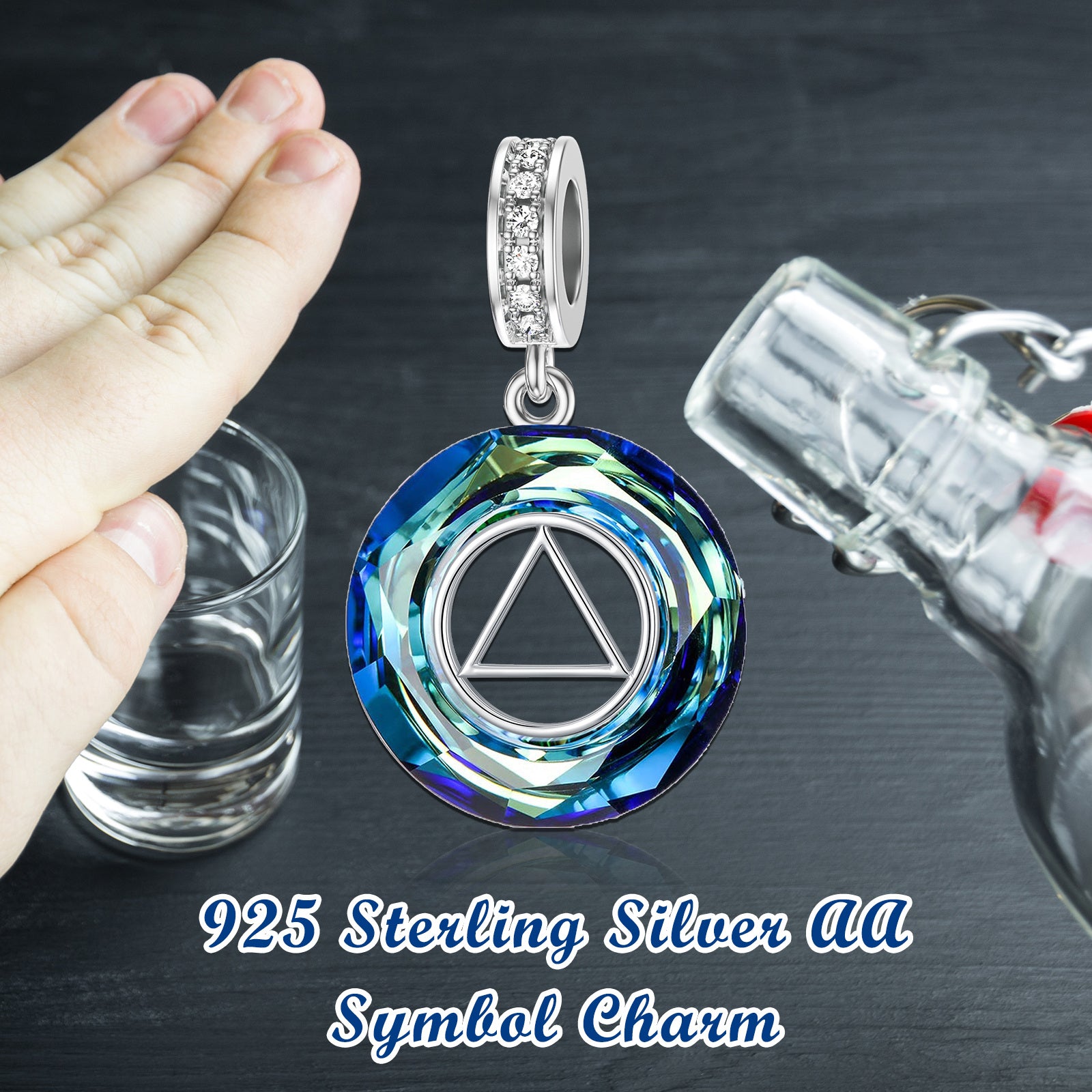 Sterling Silver Circular Shaped Crystal Alcoholics Anonymous Dangle Charm