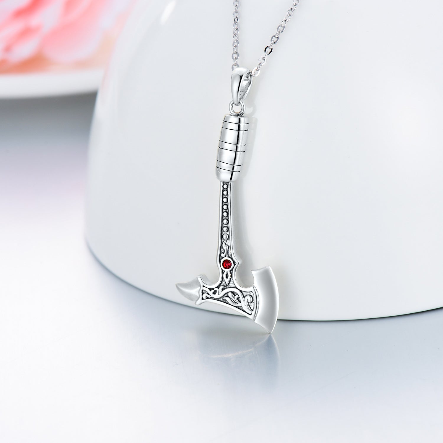 Sterling Silver Circular Shaped Crystal Axe Urn Necklace for Ashes
