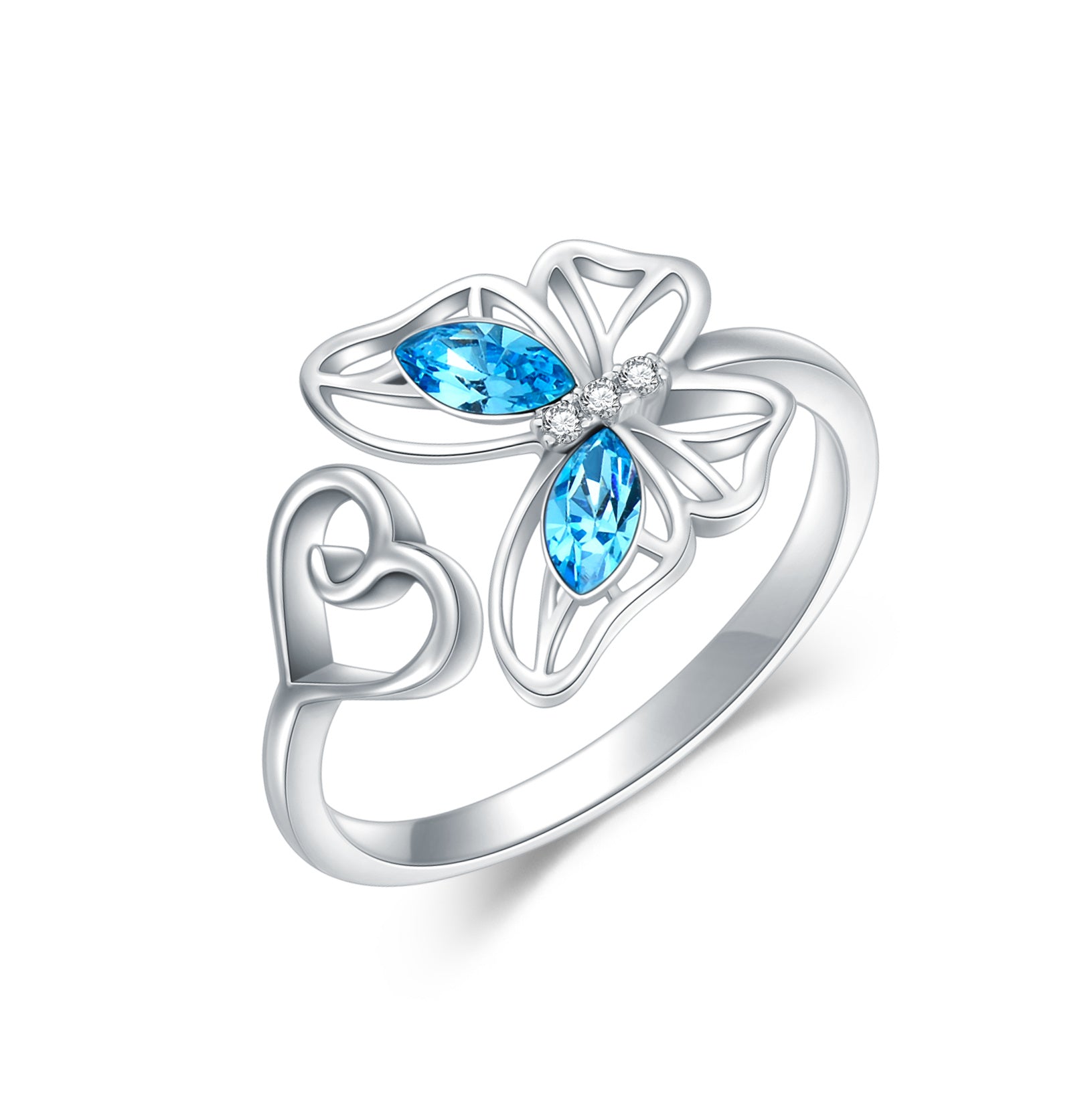 Sterling Silver Round Shaped Crystal & Cubic Zirconia Butterfly Open Ring
