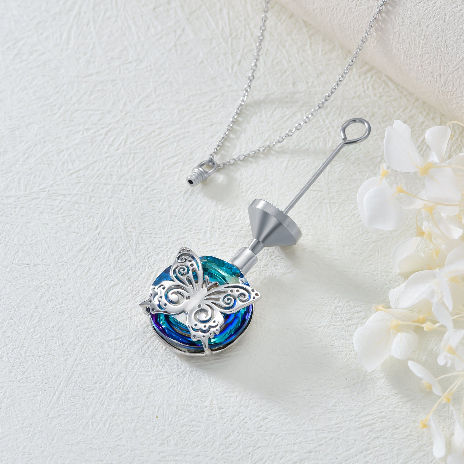 Sterling Silver Circular Shaped Crystal Butterfly Urn Necklace for Ashes