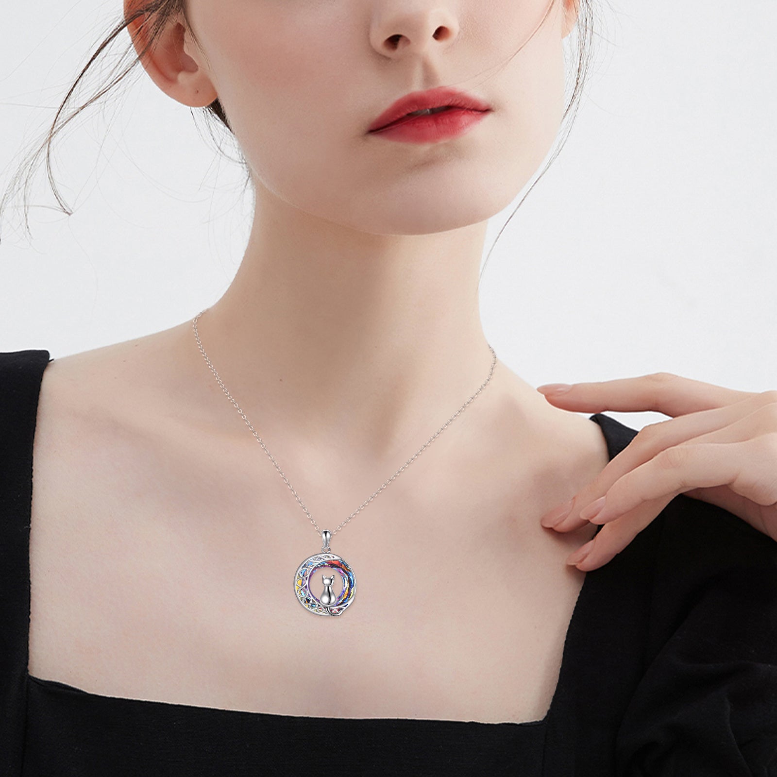 Sterling Silver Cat & Moon Crystal Pendant Necklace for Women