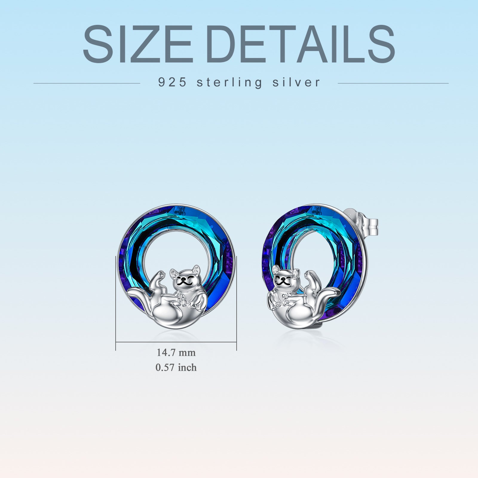 Sterling Silver Circular Shaped Crystal Cat Stud Earrings