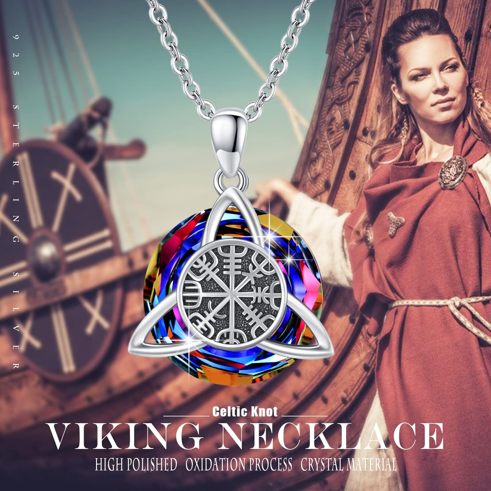 Sterling Silver Circular Shaped Crystal Celtic Knot & Compass Pendant Necklace