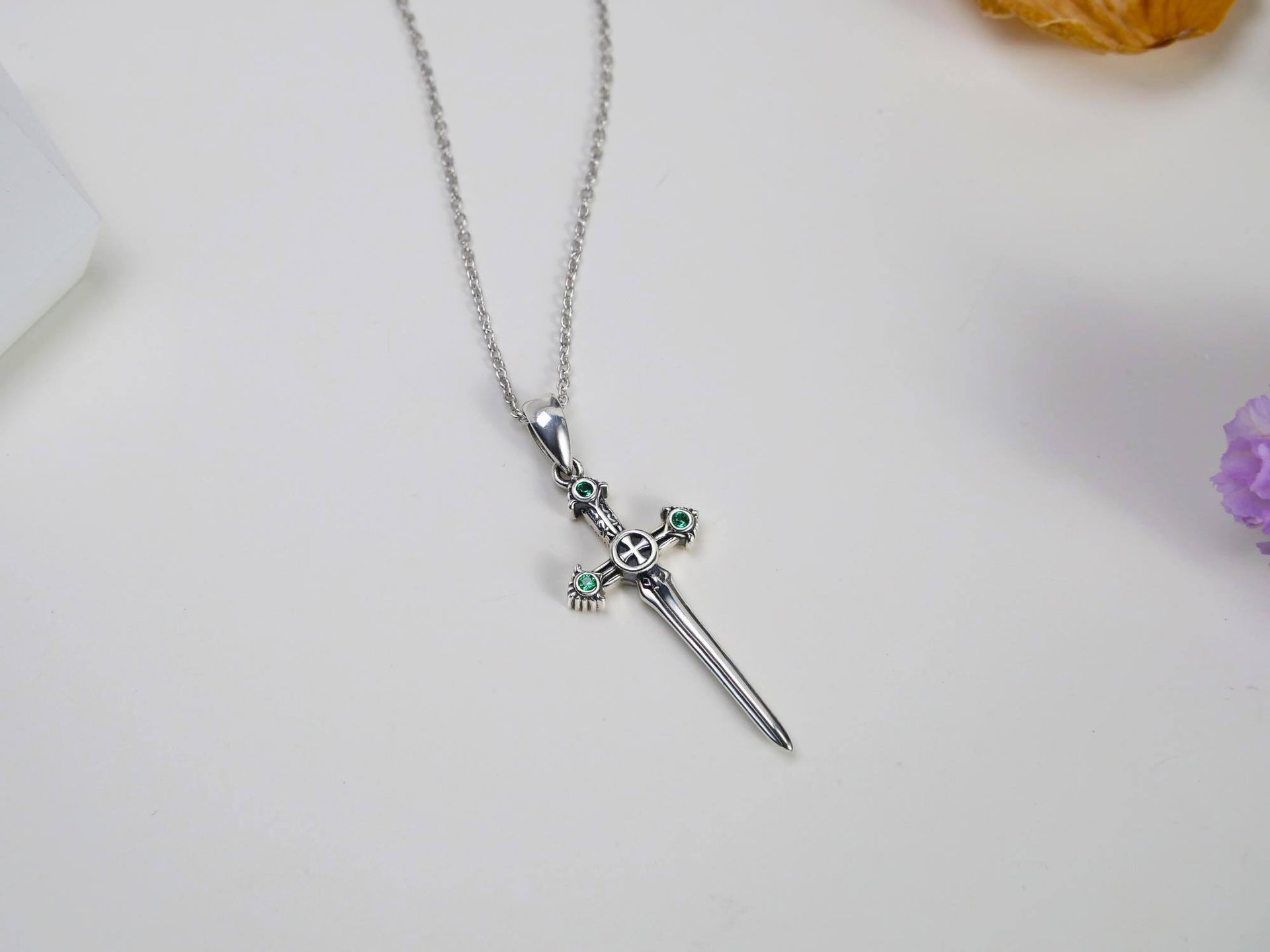 Sterling Silver Circular Shaped Crystal Cross & Sword Pendant Necklace