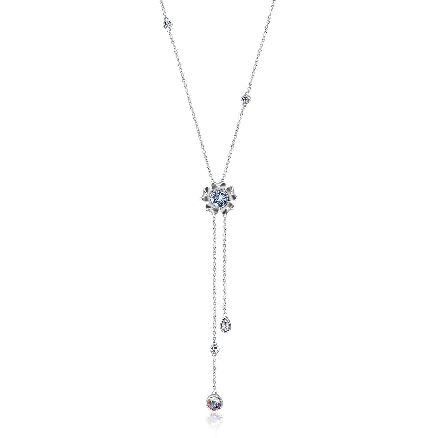 Sterling Silver Circular Shaped Crystal Daisy Non-adjustable Y-Necklace