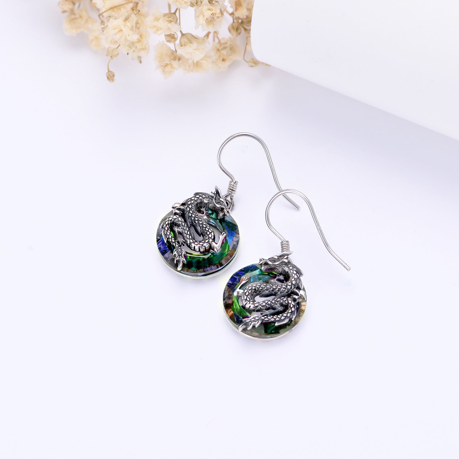 Sterling Silver Circular Shaped Crystal Dragon Drop Earrings
