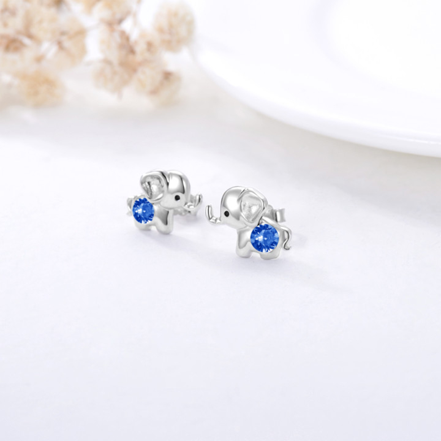 Sterling Silver Blue Circular Shaped Crystal Elephant Stud Earrings