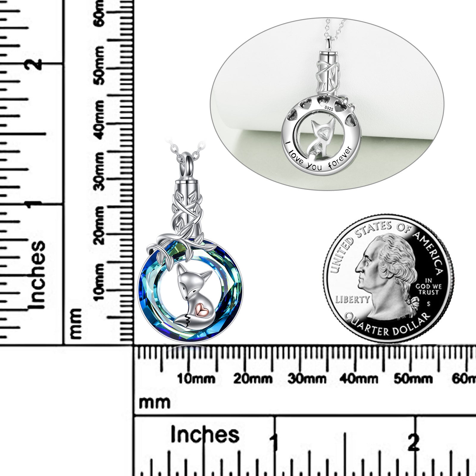 Sterling Silver Circular Crystal Fox With Heart Urn Necklace For Ashes