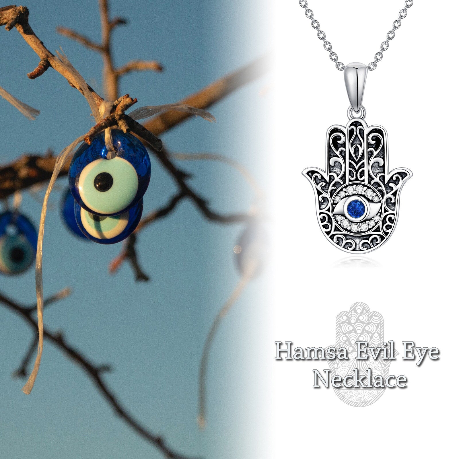 Sterling Silver Circular Shaped Crystal Hamsa Hand Pendant Necklace