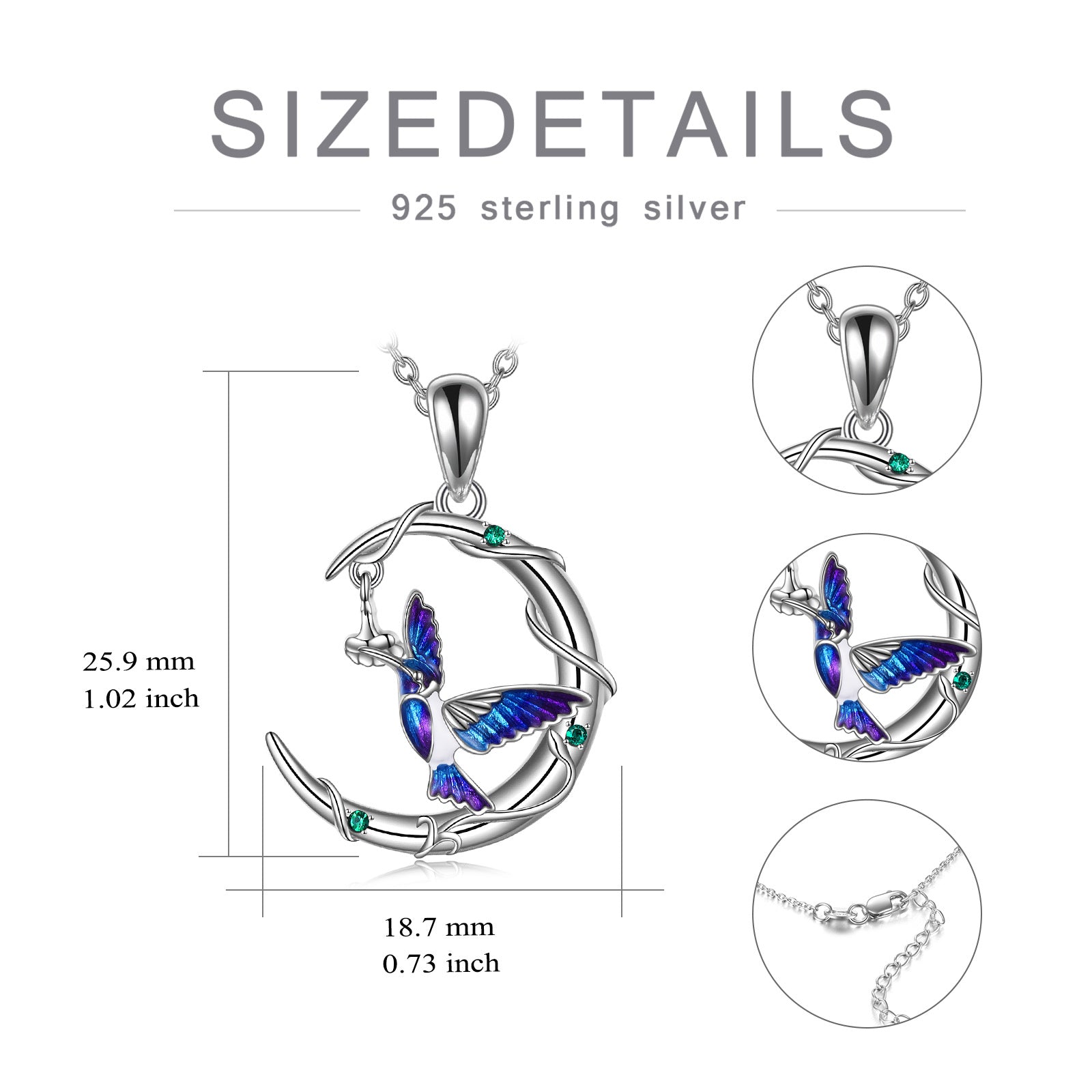 Sterling Silver Circular Shaped Crystal Hummingbird & Moon Pendant Necklace