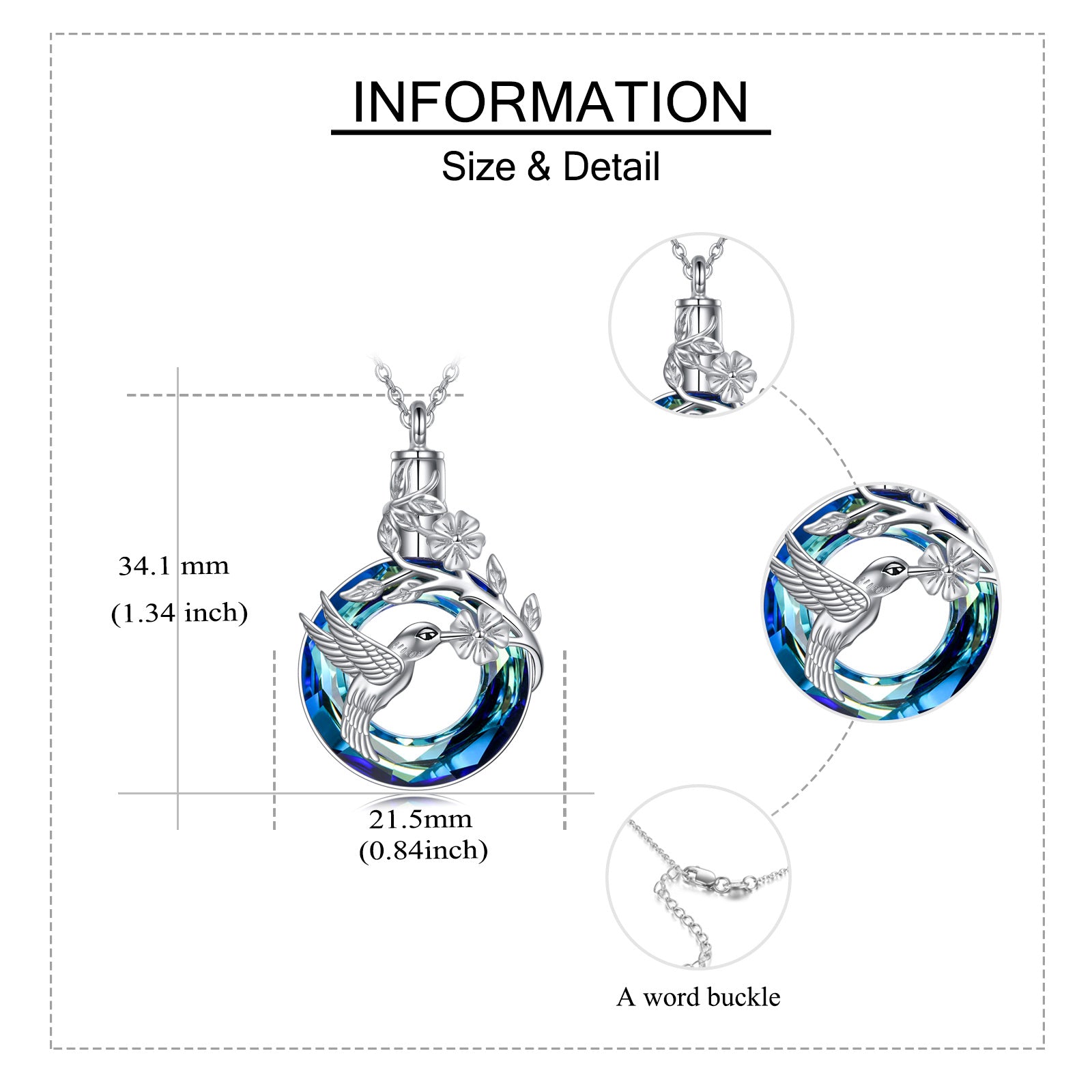 Sterling Silver Circular Shaped Crystal Hummingbird Urn Necklace for Ashes