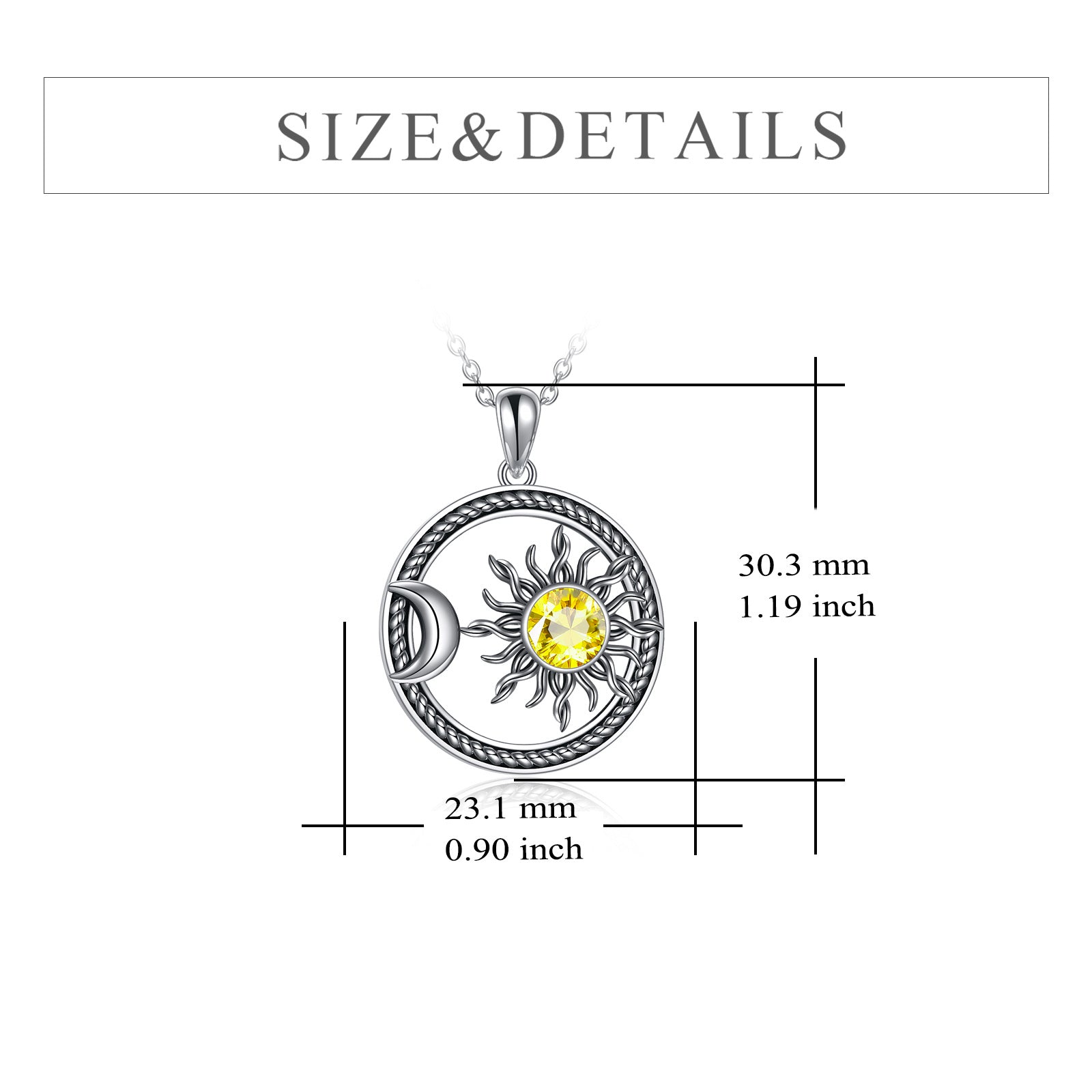 Sterling Silver Circular Crystal Moon & Sun Pendant Necklace for Women Men
