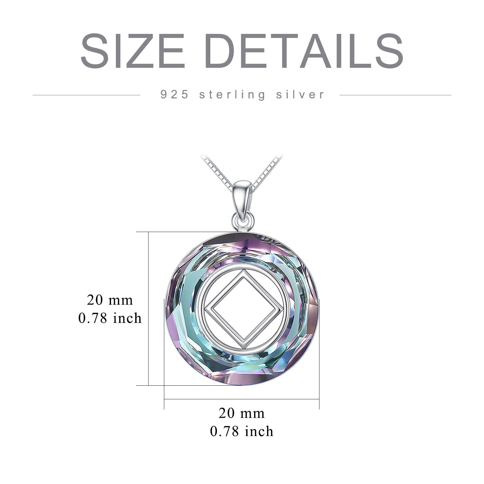 Sterling Silver Circular Shaped Narcotics Anonymous & Square Crystal Pendant Necklace