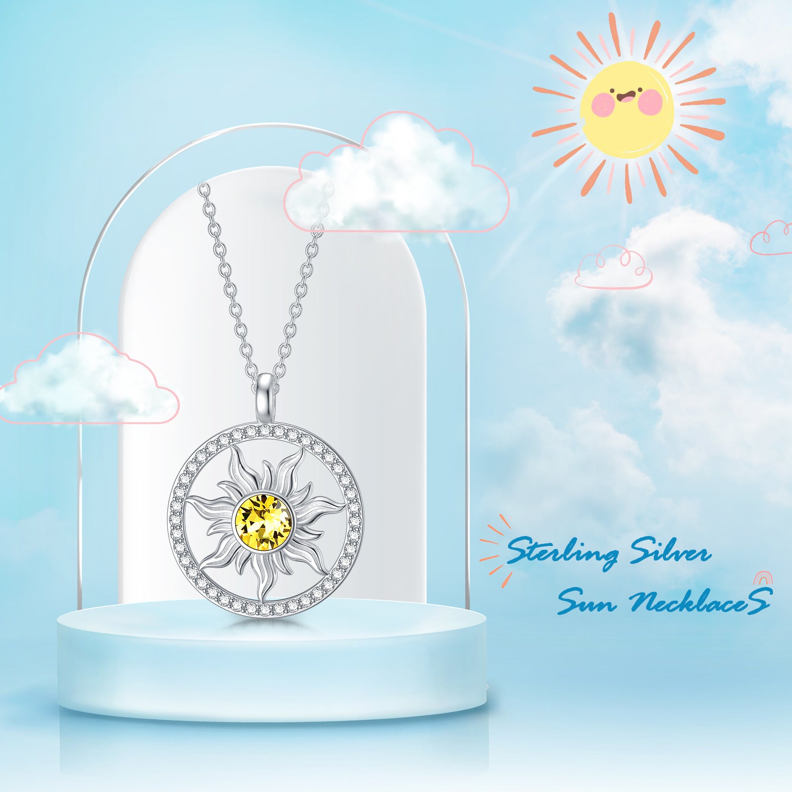 Sterling Silver Circular Shaped Crystal Sun Pendant Necklace
