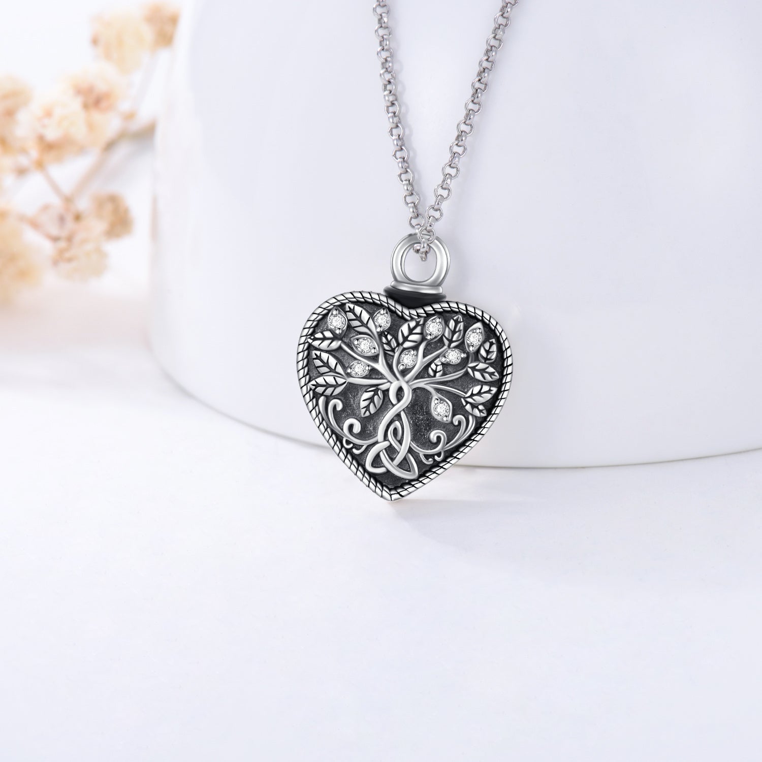 Sterling Silver Circular Shaped Crystal Tree Of Life & Celtic Knot Urn Necklace for Ashes with Engraved Word