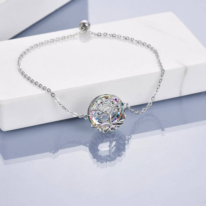 Sterling Silver Circular Shaped Crystal Tree Of Life Charm Bracelet