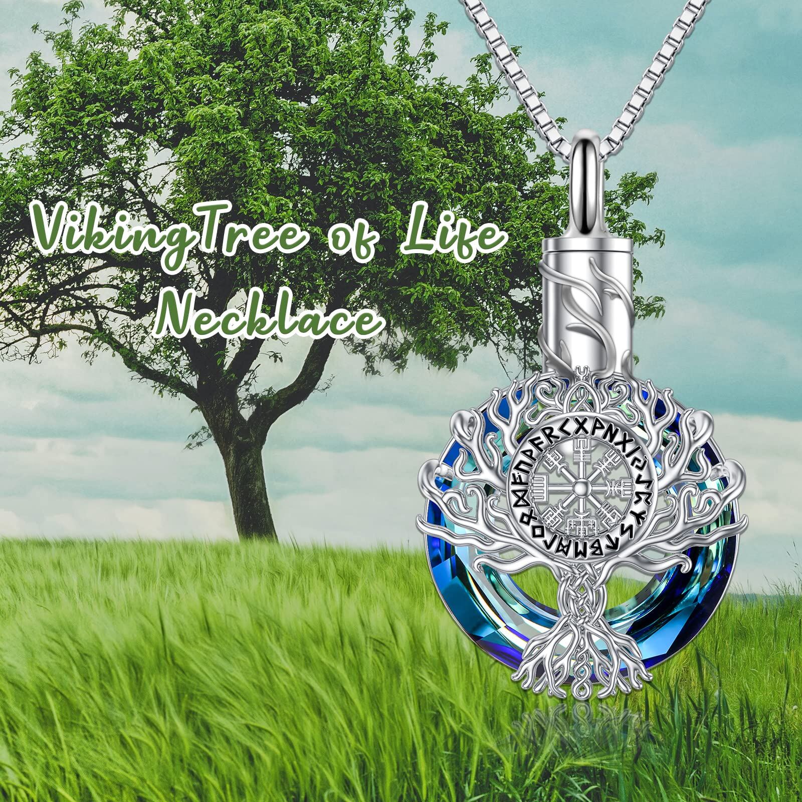 Sterling Silver Circular Shaped Crystal Tree Of Life & Viking Rune Urn Necklace for Ashes