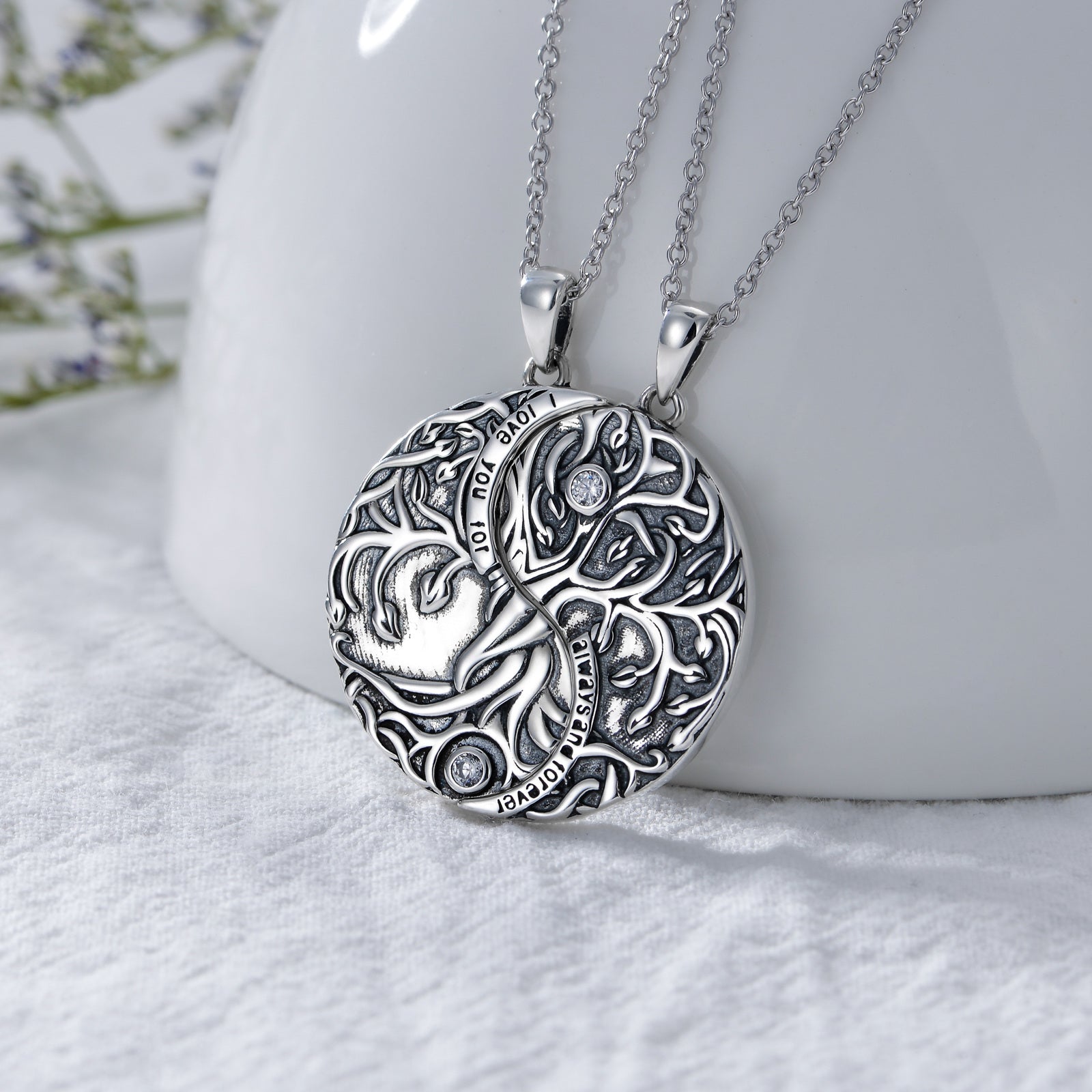 Sterling Silver Circular Shaped Crystal Tree Of Life & Yin Yang Pendant Necklace with Engraved Word