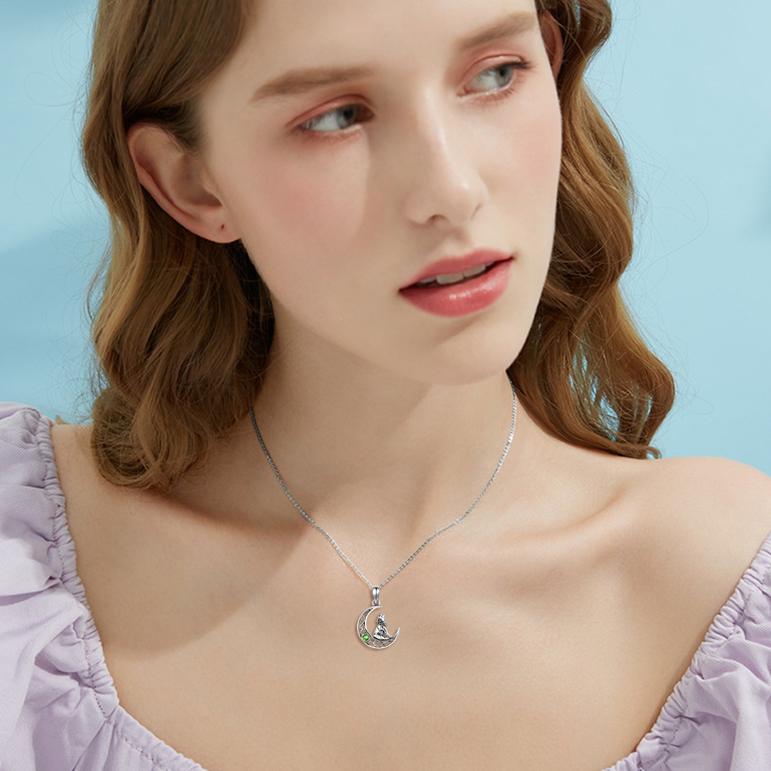 Sterling Silver Circular Shaped Crystal Wolf & Moon Pendant Necklace