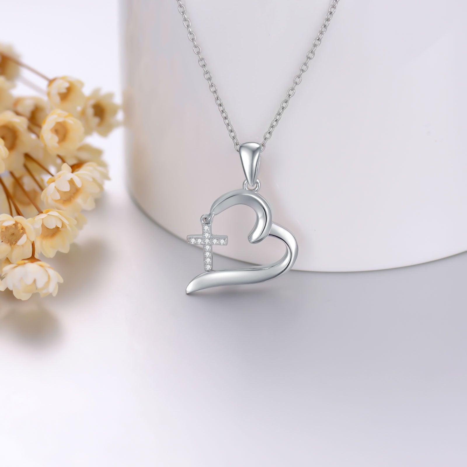 Sterling Silver Circular Shaped Diamond Cross & Heart Pendant Necklace