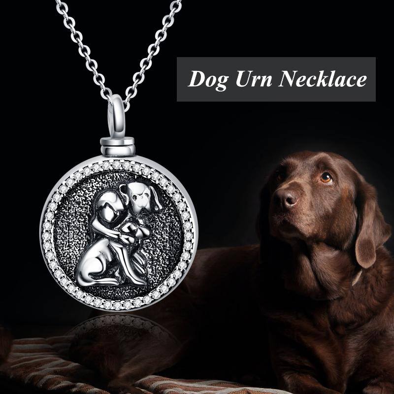 Sterling Silver Circular Shaped Cubic Zirconia Dog Urn Necklace for Ashes