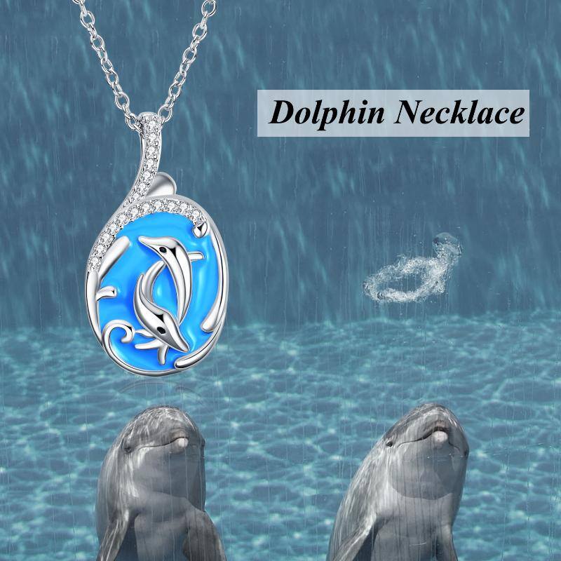 Sterling Silver Circular Shaped Cubic Zirconia Dolphin Pendant Necklace