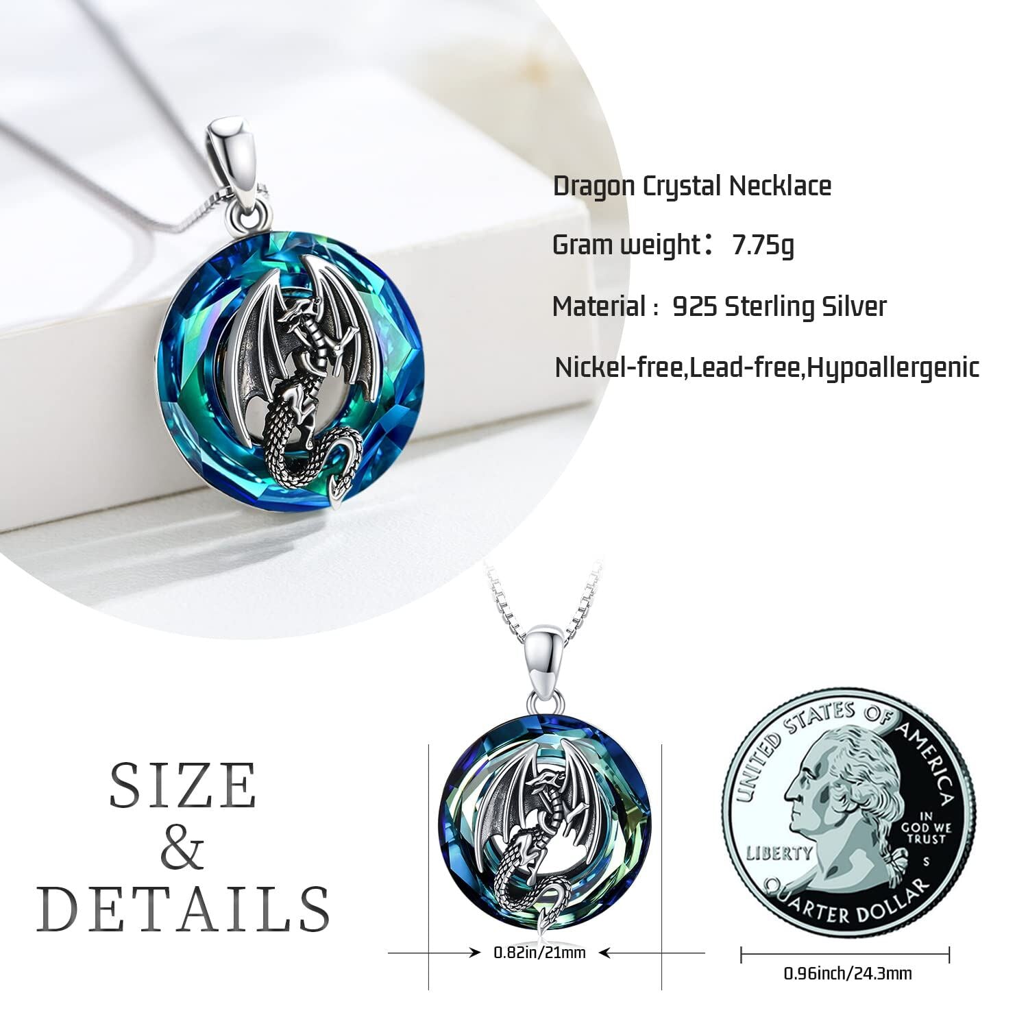 Sterling Silver Circular Shaped Dragon Crystal Pendant Necklace