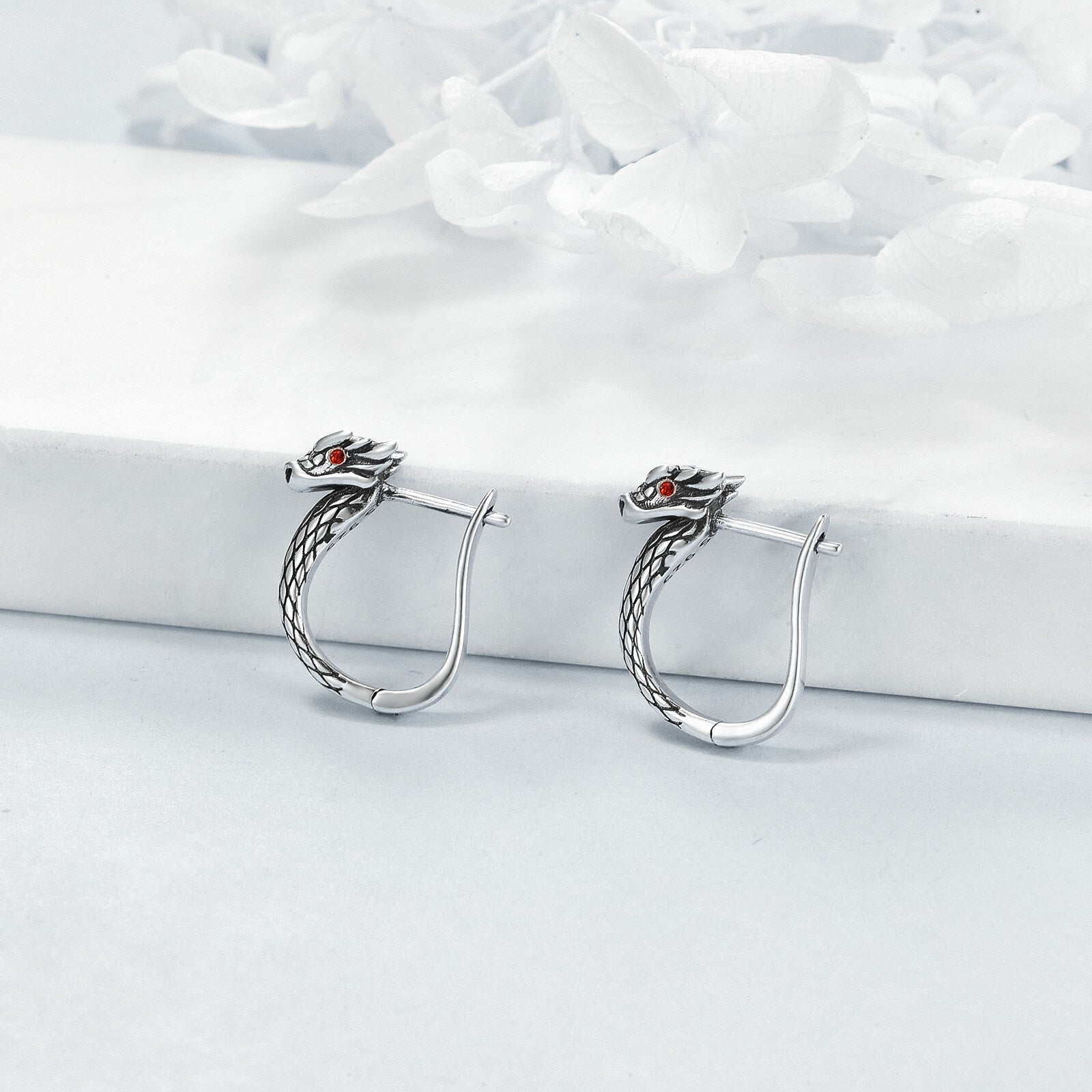 Sterling Silver Circular Shaped Cubic Zirconia Dragon Hoop Earrings