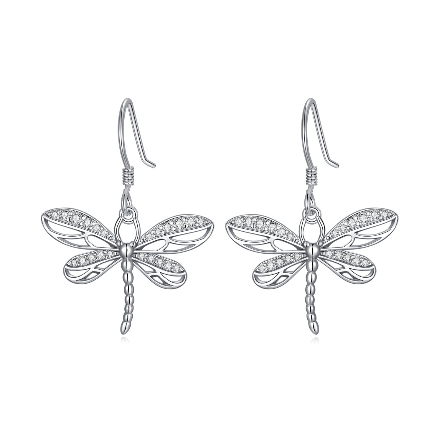 Sterling Silver Circular Shaped Cubic Zirconia Dragonfly Drop Earrings