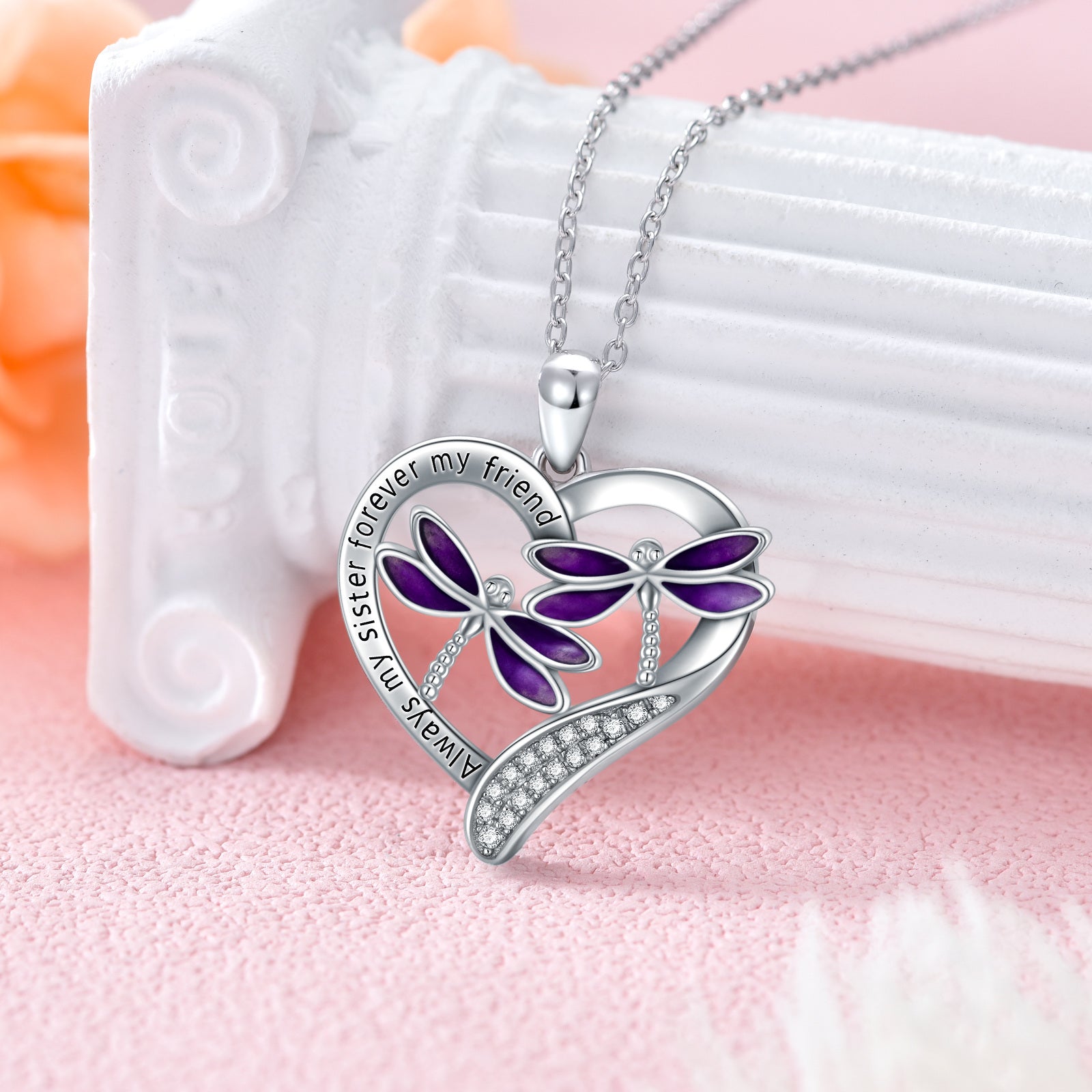 Sterling Silver Circular Shaped Dragonfly & Heart Pendant Necklace with Engraved Word