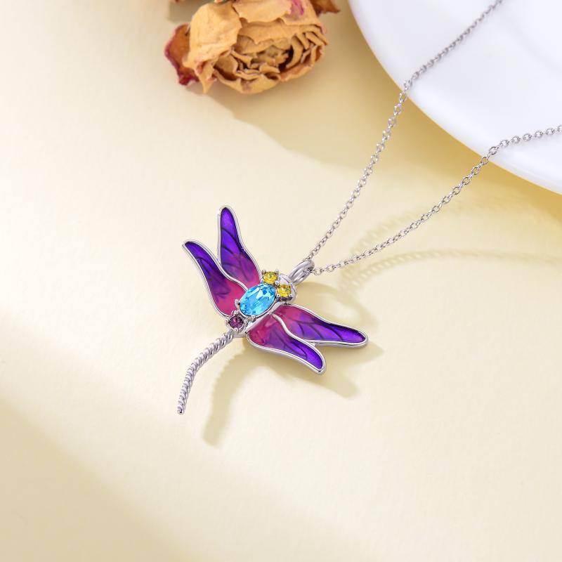 Sterling Silver Circular Shaped Cubic Zirconia Dragonfly Urn Necklace for Ashes