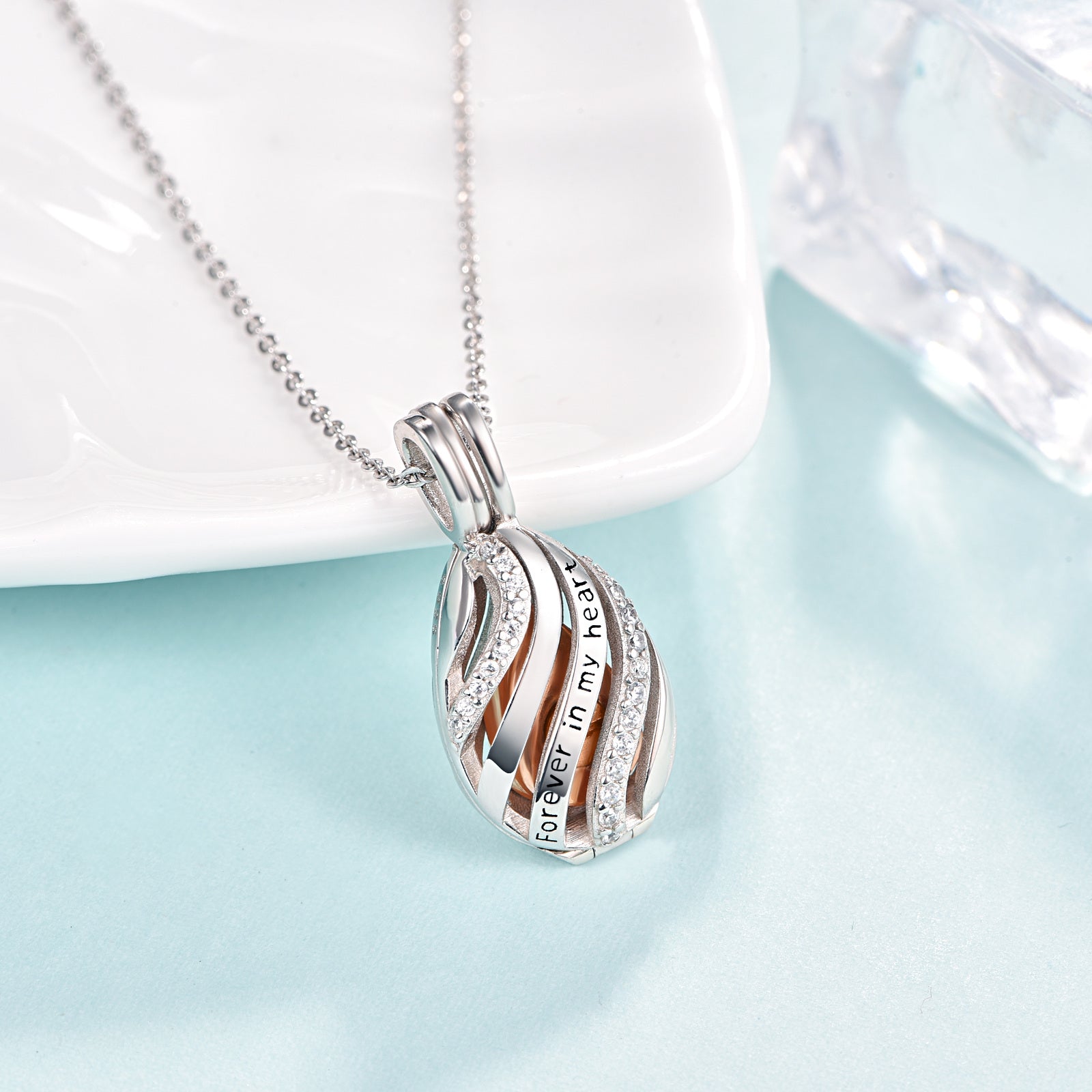 Sterling Silver Circular Shaped Cubic Zirconia Drop Shape Pendant Necklace with Engraved Word