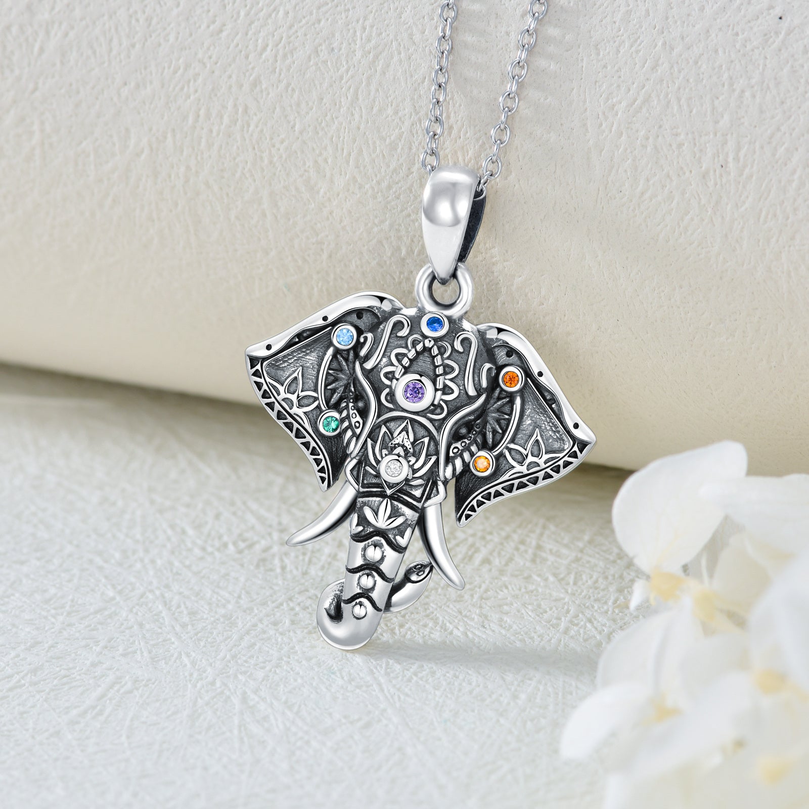Sterling Silver Circular Shaped Cubic Zirconia Elephant & Chakras Pendant Necklace