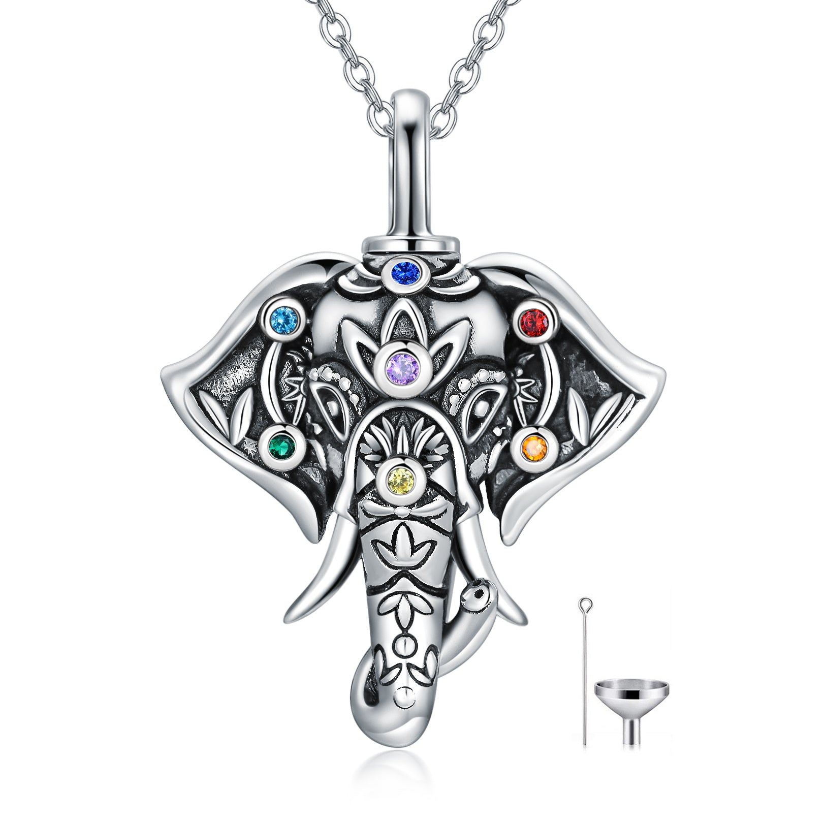 Sterling Silver Circular Shaped Cubic Zirconia Elephant & Chakras Urn Necklace for Ashes