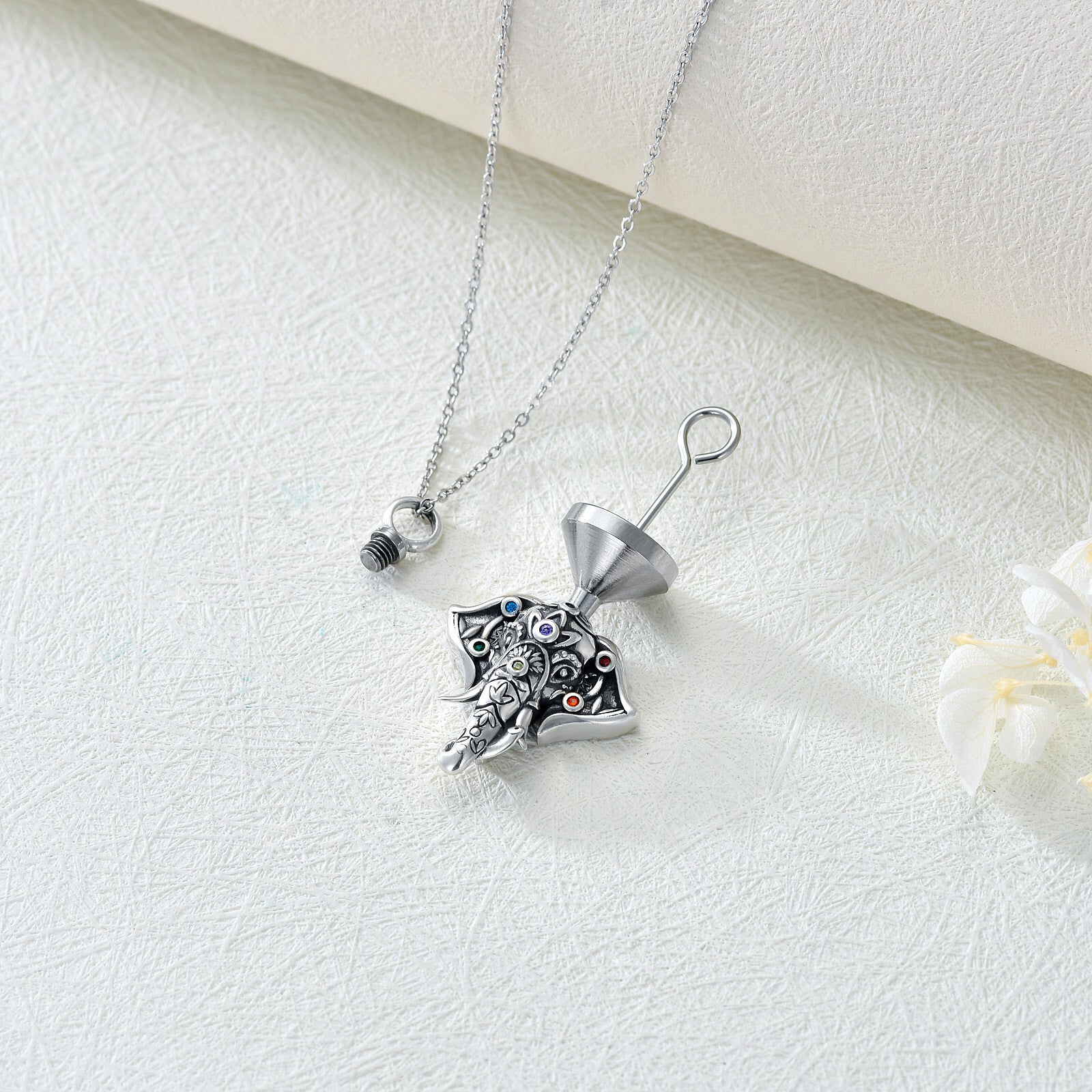 Sterling Silver Circular Shaped Cubic Zirconia Elephant & Chakras Urn Necklace for Ashes