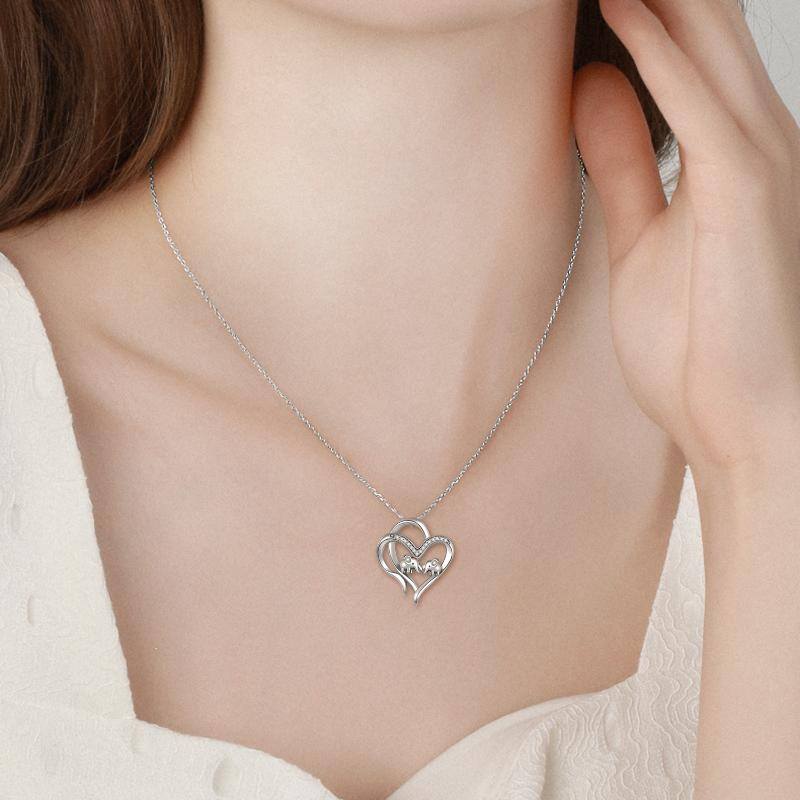 Sterling Silver Cz Double Elephant & Heart Pendant Necklace For Her
