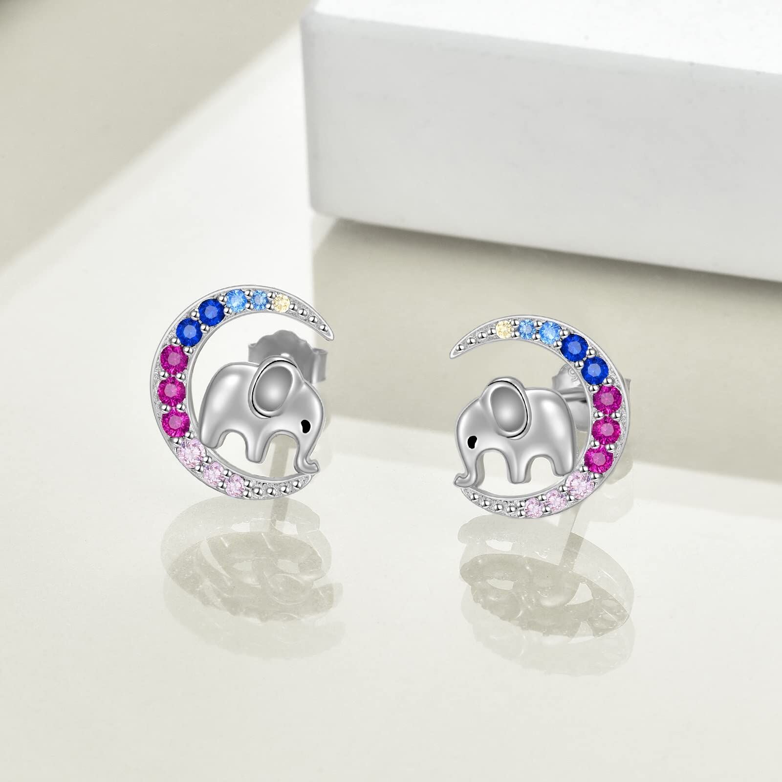Sterling Silver Circular Shaped Cubic Zirconia Elephant & Moon Stud Earrings