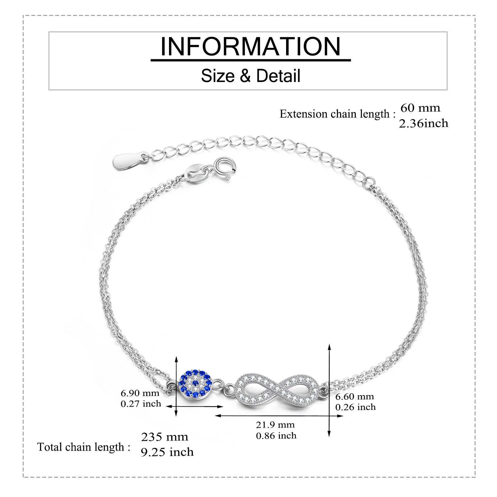 Sterling Silver Circular Shaped Cubic Zirconia Evil Eye & Infinite Symbol Charm Bracelet