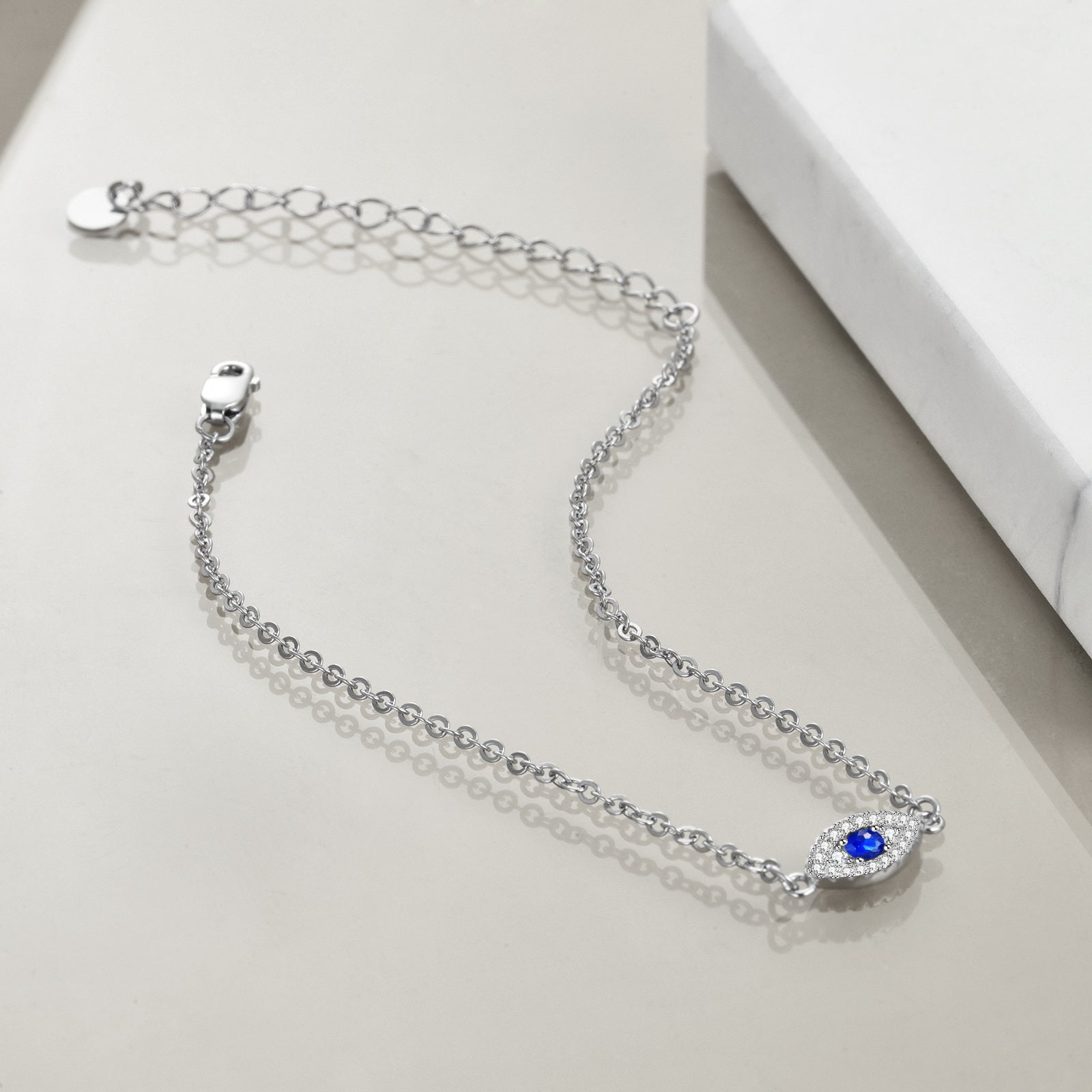 Sterling Silver Circular Shaped Cubic Zirconia Evil Eye Charm Bracelet