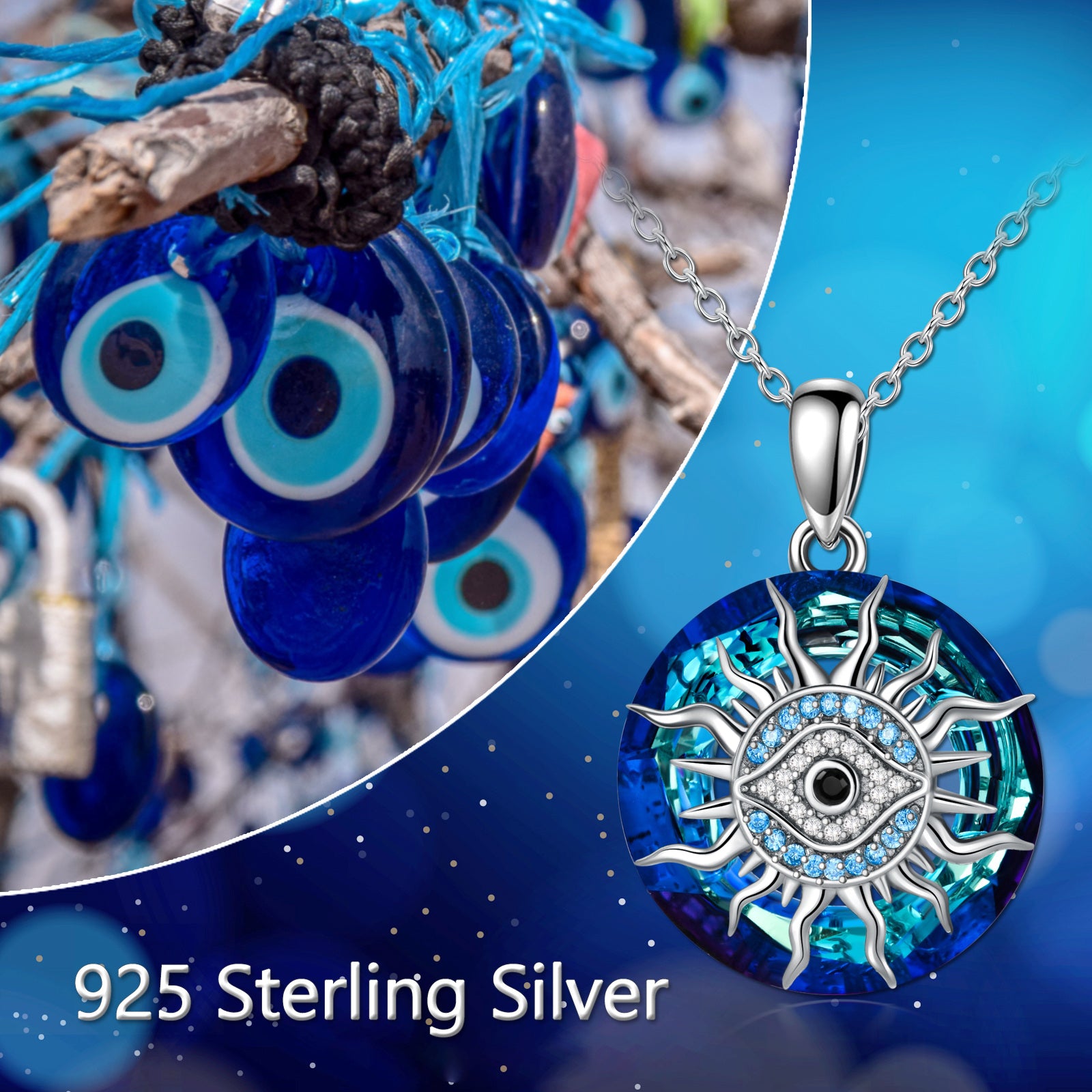Sterling Silver Circular Shaped Evil Eye & Sun Crystal Pendant Necklace