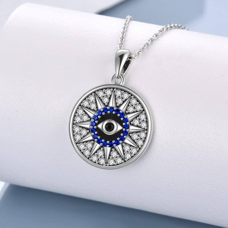 Sterling Silver Circular Shaped Cubic Zirconia Evil Eye & Sun Pendant Necklace