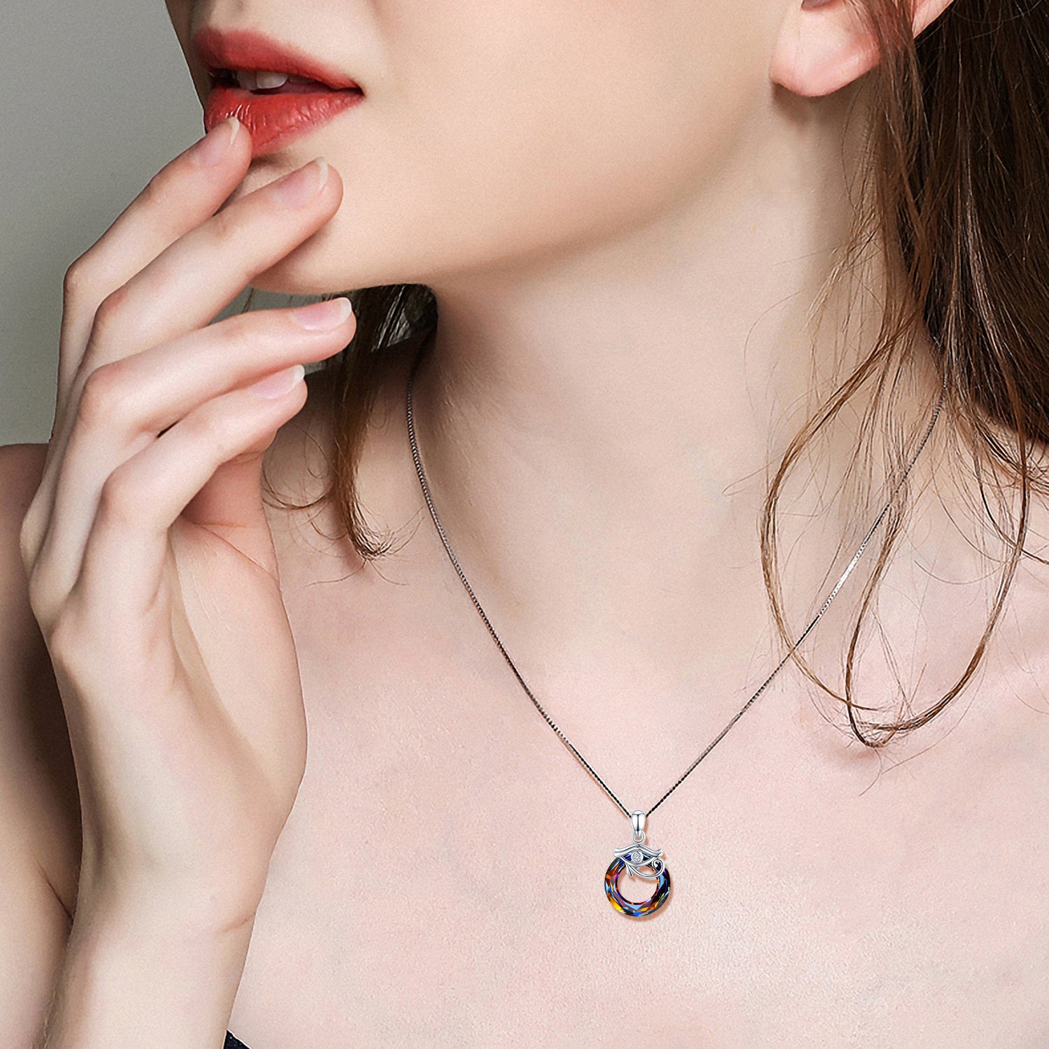 Sterling Silver Circular Shaped Eye Of Horus Crystal Pendant Necklace